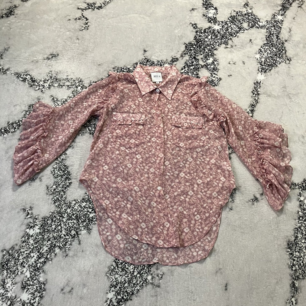 MISA Los Angeles Blouse Womens Size Small Pink Arya Floral Bell-Sleeve Chiffon